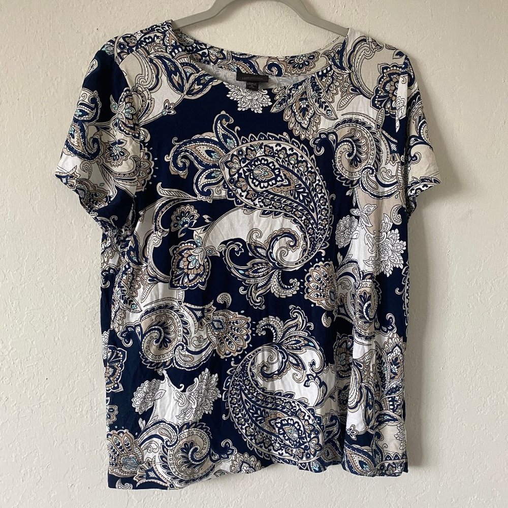 J Jill Womens Shirt Paisley Casual Size PM Navy Blue Summer Short Sleeve Top
